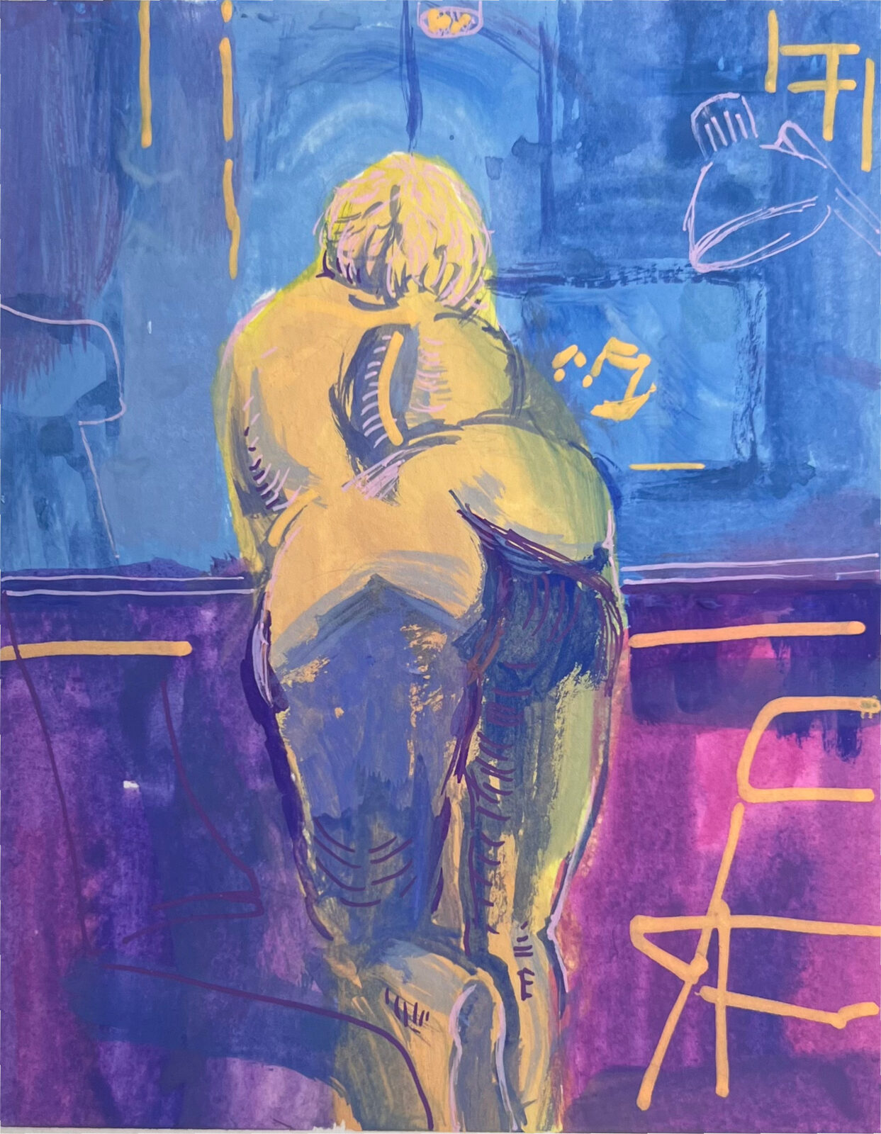 ass — gouache painting of a nude figure seen from behind, seated at a bar counter in yellow and green against blue and magenta