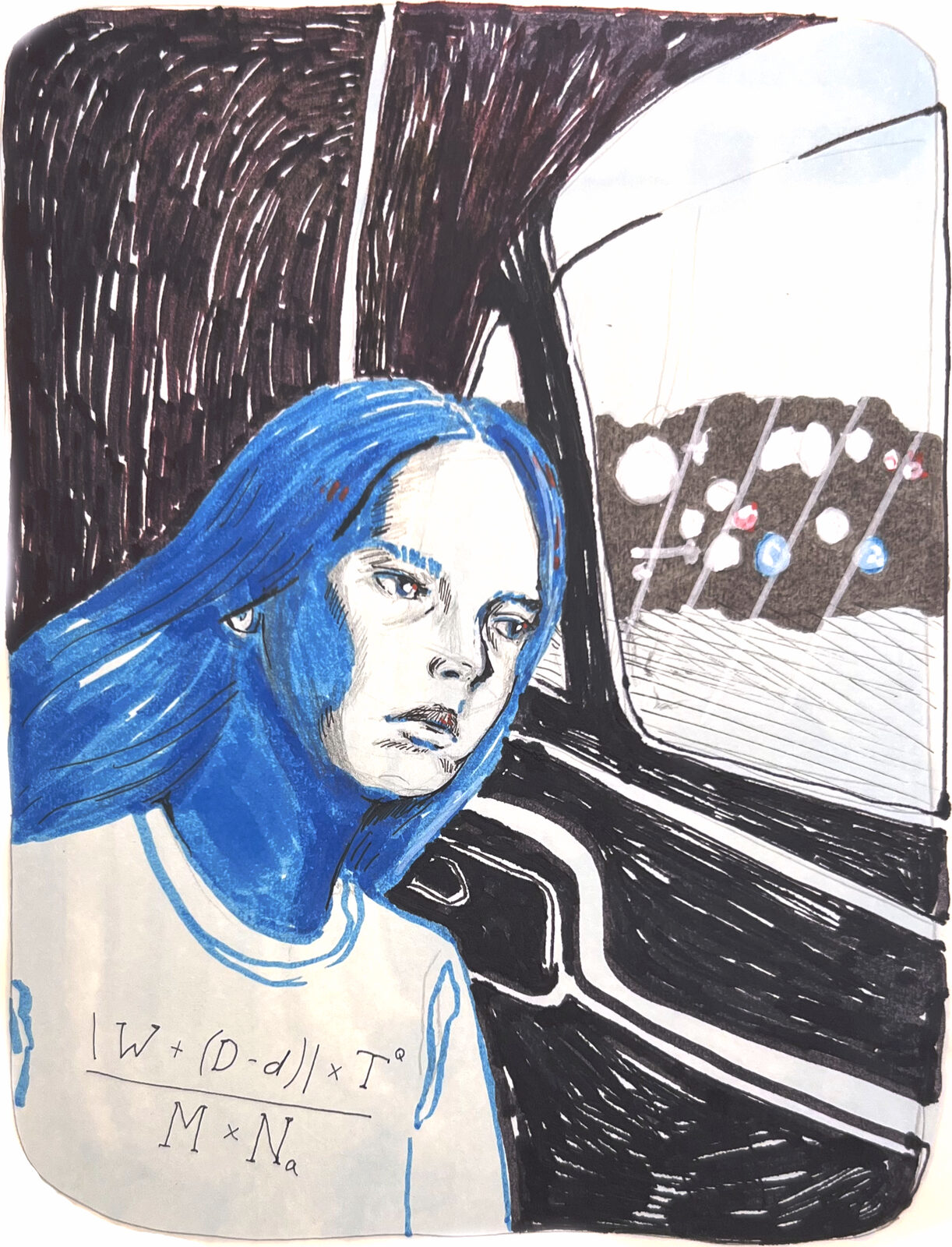 blue monday — ink and marker drawing of a woman with bright blue hair sitting in a car