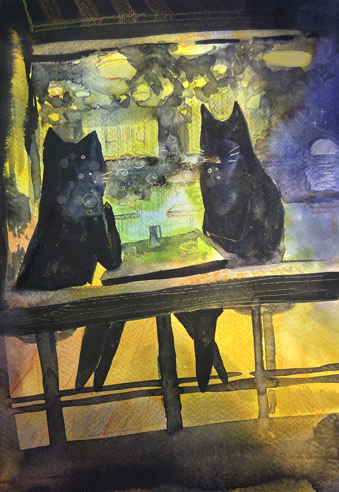 dialogues series — watercolour of two black cats on a balcony at night