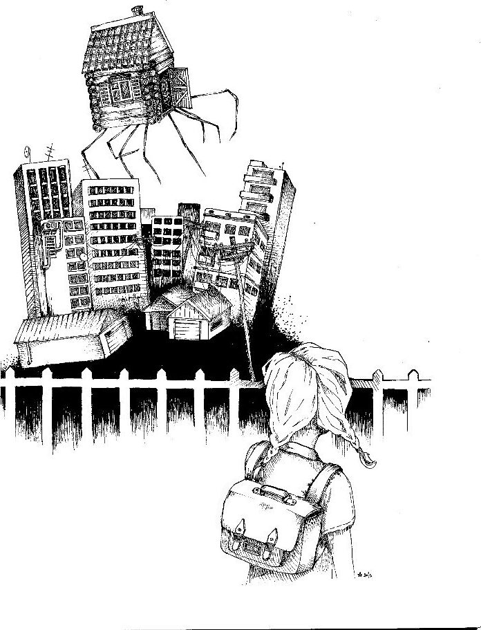2015 house on legs — pen drawing of a schoolgirl with a backpack looking at a wooden house walking on spindly legs above a cluster of apartment blocks