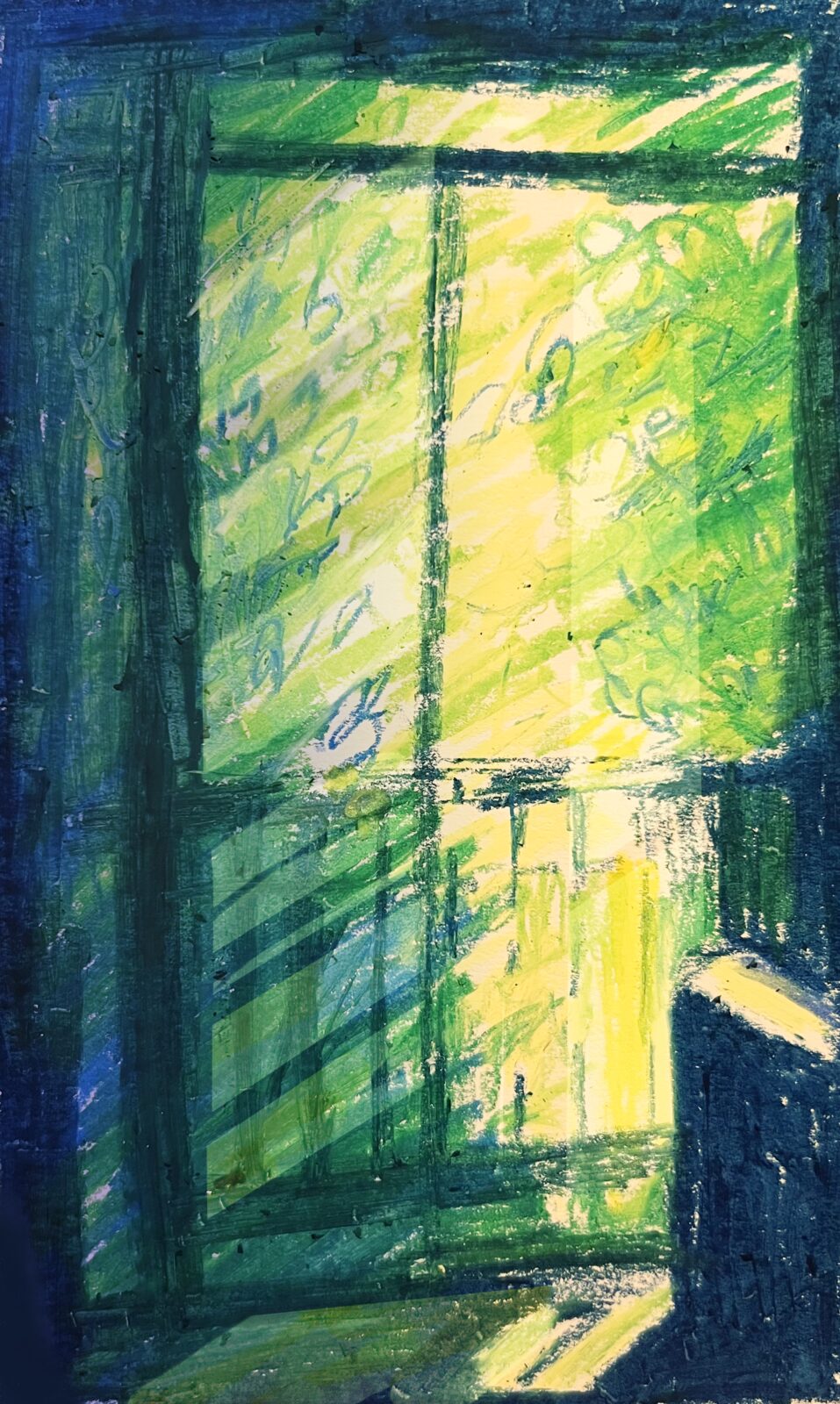 light penetrating the balcony — green and yellow light through a balcony door in oil pastel